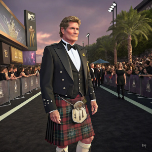 David Hasselhoff, in formal Scottish attire, at the MTV awards. Black carpet, crowd visible