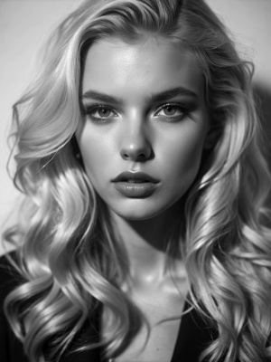 Black and white portrait of a young singer, 20 years old, blonde, with a slim build and striking features, as if she stepped right off the cover of a high-end fashion magazine. Her appearance and style evoke the works of Jean-Baptiste Mondino and Herb Ritts, emphasizing elegance, mystery, and a subtle hint of sensuality. The lighting and composition should reflect the classic, timeless style of high-fashion photography, focusing on her captivating gaze and delicate facial features. The photo should be in black and white, maintaining the aesthetic of the entire music video."Lighting: Soft, diffused lighting that accentuates her facial features, creating gentle shadows that enhance the sense of mystery and elegance.Camera: Close-up shot focusing on her face, capturing the intricate details of her expression, hair, and makeup.Atmosphere: A sense of timeless beauty and sophistication, with a subtle touch of sensuality that aligns with the overall mood of the music video.