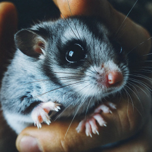 A close-up photo of a cute hamster in a human's palm. The hamster's soft fur and tiny paws are clearly visible.