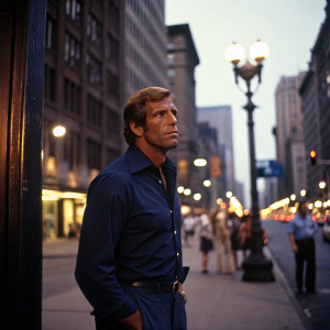 James Franciscus, as Michael Longstreet, standing outside in a bustling city street, dark blue shirt, looking intense, amidst street lights and passersby.