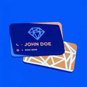 John Doe's business card. Sleek design. Dark blue and silver color scheme. Raza Gems logo and contact details. Modern, professional appearance.