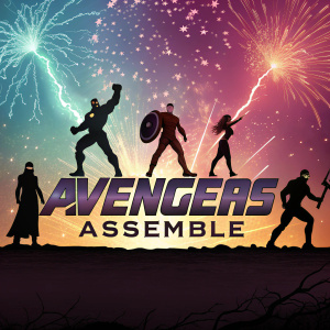 Promotional poster for Avengers Assemble. Dynamic silhouettes of superheroes against a backdrop of colorful explosions and vibrant hues.