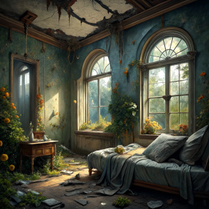 A room that is part of a detached house with high ceilings, broken and dilapidated windows, where abandoned homeless people live, and where you can see the garden from the window. A bed on the floor, a blanket with flowers on one of them. Everywhere is messy and dirty. The gray wall plaster is peeling off, the brown wallpaper is peeling off on the wall on the right. A large old crystal chandelier hangs from the ceiling. In the middle of the room is an old tattered regency style orange armchair. 
