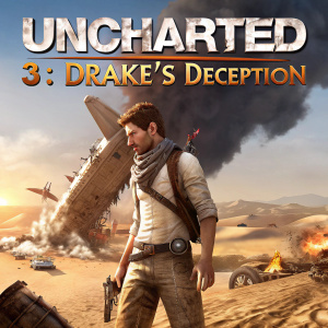 Promotional poster for Uncharted 3: Drake's Deception. Nathan Drake, Caucasian male, standing amidst a crashed ship in a vast desert. Action-packed scene with a focus on adventure. PlayStation logo prominently displayed.