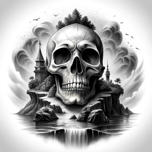 skull island tattoo design - perfect realistic art - high-definition - grey and black - white background 