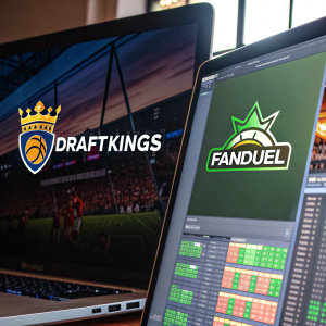 A screenshot of a computer screen displaying DraftKings and FanDuel websites side by side. DraftKings logo with intricate emblem on left, FanDuel logo with sleek font on right. Colorful backgrounds