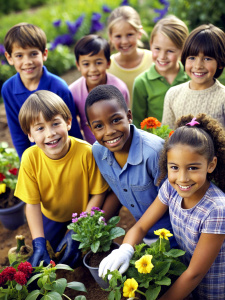 Kids at a community garden, tending to their plants and flowers with enthusiasm. Planting, and enjoying their labor as their garden flourishes