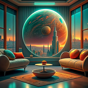 Photo of a living room in a mansion on Mars with views of other buildings. It is night and dark but lit up by Phobos and Deimos and the buildings lights. 