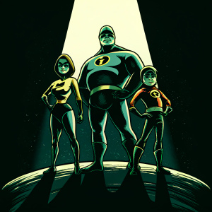 3D animation scene featuring the Incredibles family. Bob Parr, Helen Parr, Violet Parr, Dash Parr, and Jack-Jack Parr posing in their iconic superhero outfits. Dark background with a spotlight effect