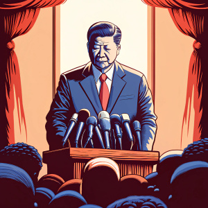 President Xi Jinping in a press conference. Wearing a dark suit and red tie. Numerous microphones in front of him. Dimly lit room