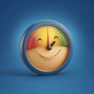 vector illustration of smiley face and frown faces on a color fading speedometer using red, green and yellow colors. The simple shapes and lines create a minimalistic style with a flat white background and no gradients. The vector graphic depicts simple 2d art in the style of flat design. --ar 64:29