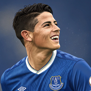 James Rodríguez, radiant smile, in Everton FC jersey. Digital artwork showcasing team's blue and white colors. Close-up portrait highlighting facial features.