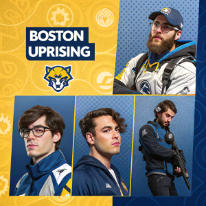 Promotional poster featuring Boston Uprising characters. Each character highlighted in separate panels with text descriptions. Background is patterned with team colors and logos.