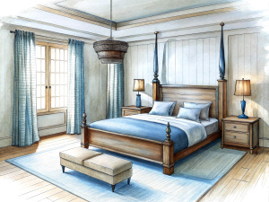 a sketch of a modern style
 bedroom in pencil