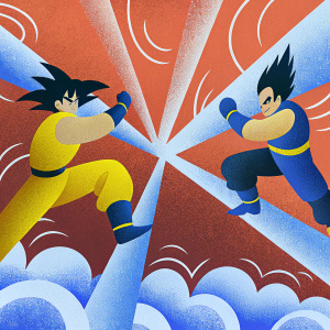 Panel art showcasing Goku and Vegeta in fierce battle stance. Brightly colored manga-style illustrations, dynamic action scenes