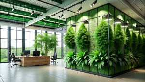 Green living wall with perennial plants in modern office. Urban gardening landscaping interior design. Fresh green vertical plant wall inside office