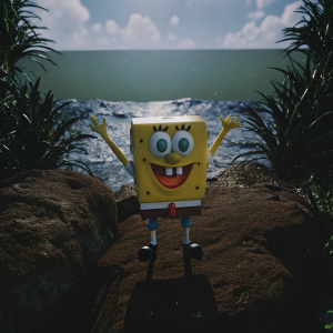 SpongeBob SquarePants, rendered in vibrant, cartoon style. Green ocean backdrop with playful sun and clouds