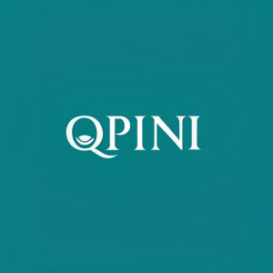 Qpini fashion house logo, featuring minimalist design. Sleek, modern font against vibrant teal background. Simple yet striking