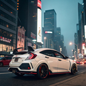 White Honda Civic Type R parked on a bustling city street. Neon lights and towering skyscrapers in the background. Sleek design with black and red accents. Honda logo and Type R badge clearly visible.