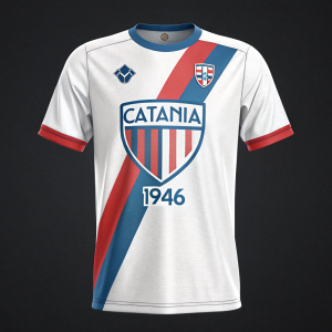 A vintage-inspired soccer jersey with the Catania club logo. Predominantly white with accents of blue and red. The logo features a shield design that reads 'CATANIA 1946'. It has a modern twist with a bold and vibrant design. Set against a dark background.