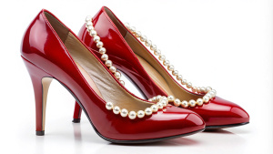 Red Shoes Pearls. Ruby red patent leather high heel shoes draped with strands of pearls on white background