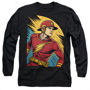 Classic long-sleeved t-shirt featuring a dynamic comic book style design of Jay Garrick, The Flash, in a heroic stance. Vibrant colors of red, yellow, blue, and a golden glow highlight the vivid graphic.