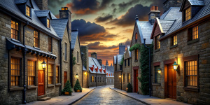 Street of a Victorian city. Night, no sun, it’s dark, stars and clouds in the sky. Stone houses with red tiled roofs, wooden window frames, wooden doors. The windows are lit from the inside with dim, weak light. Christmas decorations on the windows and doors. The building on the right in the foreground is a store with a beautiful sign; toys and books are visible in its window. A handsome, slender young man with wavy hair and glasses, in Victorian clothes, with a book in his right hand.