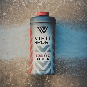 Vifit Sport's new packaging design for Overnight Recovery Shake. Bright, vibrant color palette with bold, modern geometric patterns. Clearly displayed brand name in sleek, contemporary style.