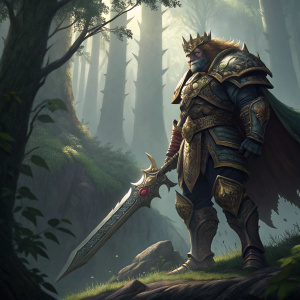 Ganon, from Legend of Zelda, in ornate armor and a golden crown, wielding a giant sword, against a forest background.