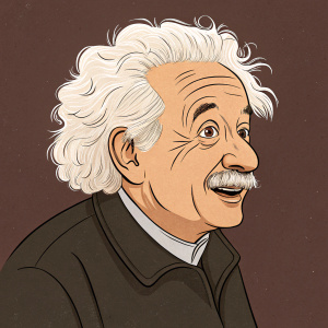 Cartoon illustration of Albert Einstein. White, curly hair and iconic mustache. Deep brown background. Sole focus on face and distinct features.