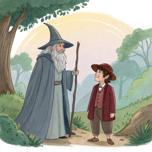 A vibrant watercolor illustration featuring Gandalf and Bilbo Baggins from The Hobbit.