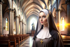 Illustration of a beautiful nun in church