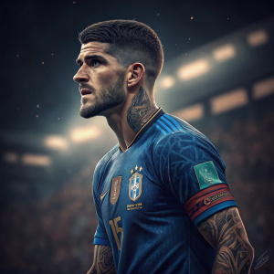 Rodrigo de Paul, soccer player, intense gaze, tattoos on arms, blue jersey with logos. Blurred stadium background with dim lighting.