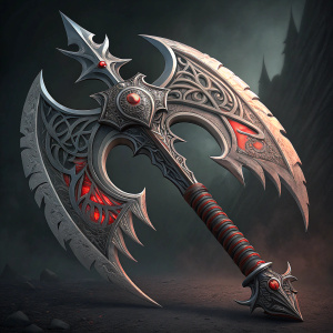 Digital art piece showcasing a fantasy warglaive. Unique design with intricate patterns and sharp edges. Gray tones with darker accents and red highlights. Wings extending from the main body add a menacing and artistic flair. Set against a dark background