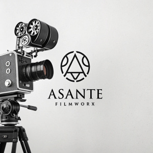 Logo for ASANTE FilmWorx featuring an abstract film camera. The design is sleek, modern, and minimalist. Dominated by black and white with stark contrast. Bold text 'ASANTE FilmWorx' underneath.