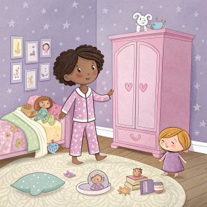 Chibi-style illustration of a bedroom scene. African American girl in pajamas standing beside pink wardrobe. Pastel color palette, lavender wallpaper. Includes paper dolls of various ethnicities, hairstyles, and clothing items. Soft, simplistic, and cartoonish.