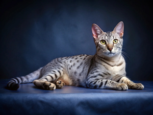 Egyptian Mau breed cat lying in studio with dark blue background