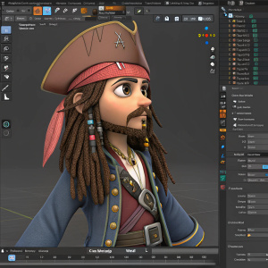 3D software rendering of Captain Jack Sparrow. Detailed, cartoon-style character design. Various tools and panels visible in the interface. Vibrant colors and textures used in the digital artwork.