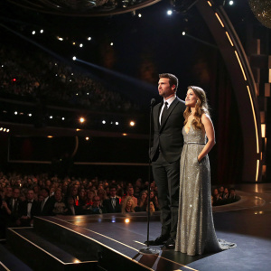 Scott Foley and Marika Dominczyk attending a Hollywood awards ceremony. Dark, dramatic stage lighting, large audience