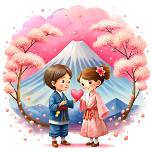 valentine,pink,liberty hold heart,white background,couple kids,kimono,fujisan