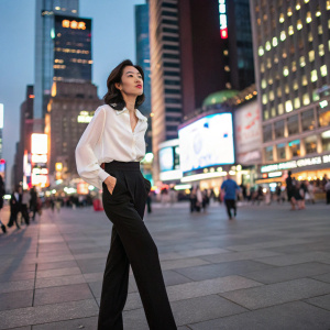 Shin Hyun-bin, dressed in a chic white blouse and black pants, poses in a busy city square. Bright lights and tall buildings behind her.