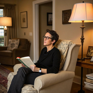 Rachel Maddow, in a cozy living room, seated on a comfy armchair. Reading glasses perched on nose, black top.