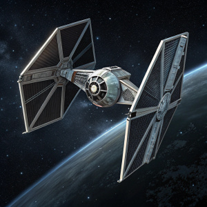Concept art of TIE Advanced x1 Prototype Starfighter from the Star Wars universe. Futuristic design with angular wings and streamlined body against a dark space backdrop with twinkling stars.