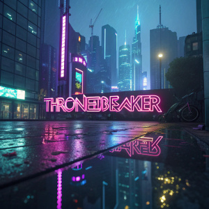 The Witcher: Thronebreaker logo in a neon-lit cyberpunk cityscape