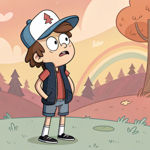 Dipper Pines, animated character from Gravity Falls. Wearing vest, shorts, cap. Worried expression. Cartoon-style background
