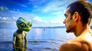 I'm looking at the water, and an amphibious alien is looking at me from under the water