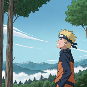 Cartoon illustration of Naruto Uzumaki, blue sky, trees, mountains background