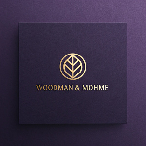 Woodman & Mohme, corporate logo design. Sleek gold emblem centered on a deep violet background. Clean, modern font for company name and tagline.
