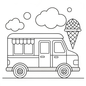 Ice cream truck, coloring page designed for children, simple bold style with thick outlines.