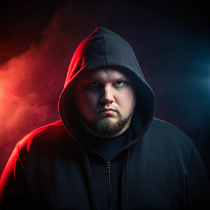 a slightly chubby young man with a slightly round face Wearing a black hood, in black hood, on a dark background,  in black hood, cinematic lighting, dramatic light, red and white light